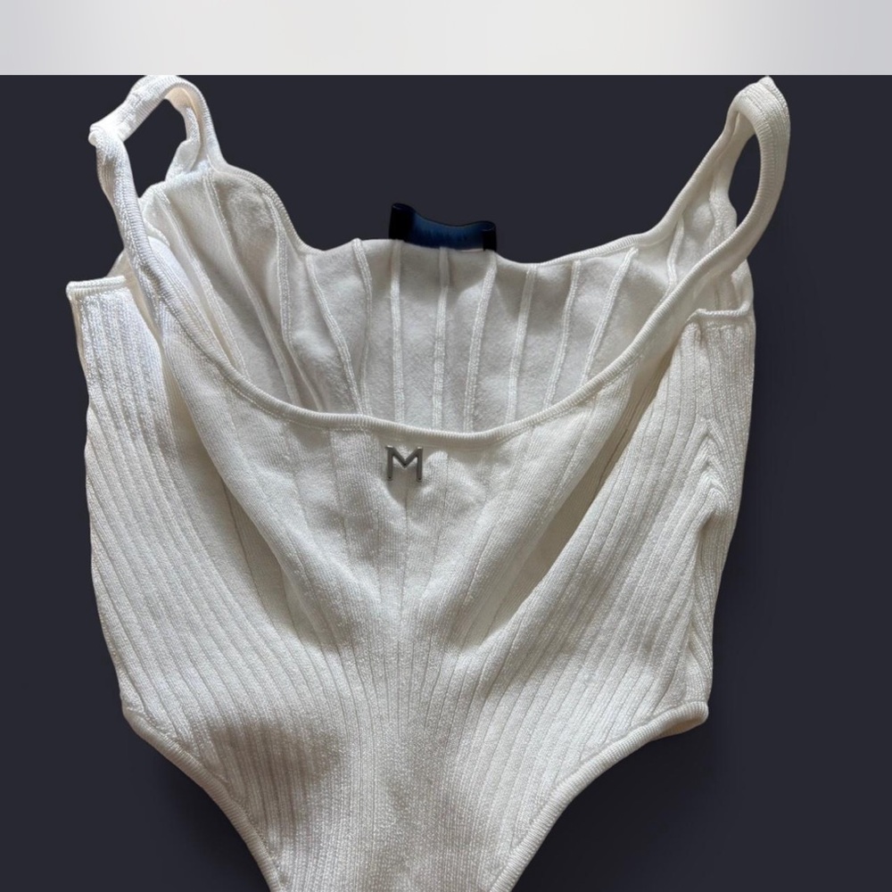 Mugler Ivory Ribbed Bodysuit with Metal Accent